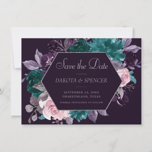 Save The Date Moody Boho | Dark Eggplant violet et photo Turquoi (Devant)