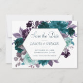 Save The Date Moody Boho | Turquoise cadre de bouquet pourpre tu (Devant)