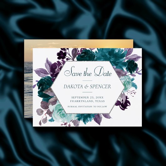 Save The Date Moody Boho | Turquoise cadre de bouquet pourpre tu