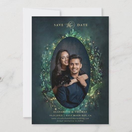 Save The Date Moody Dark Elegant Enchanted Forest Mariage photo (Devant)