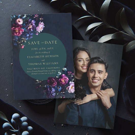 Save The Date Moody Dark Elegant Floral Jewel Tone Mariage photo