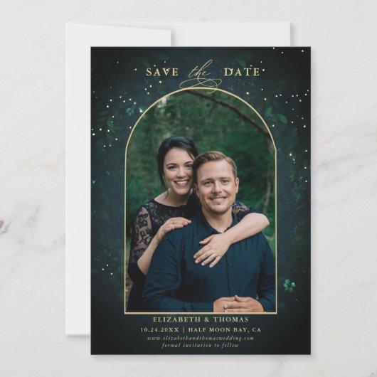 Save The Date Moody Dark Enchanted Forest Arch Mariage photo (Devant)