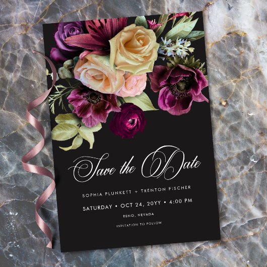 Save The Date Moody Dark Floral Black Burgundy Romantic
