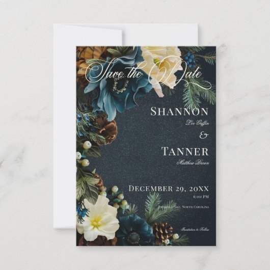 Save The Date Moody Elegant Hiver Bleu Floral Pine Mariage (Devant)