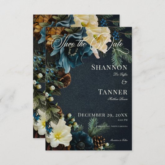 Save The Date Moody Elegant Hiver Bleu Floral Pine Mariage (Devant / Derrière)