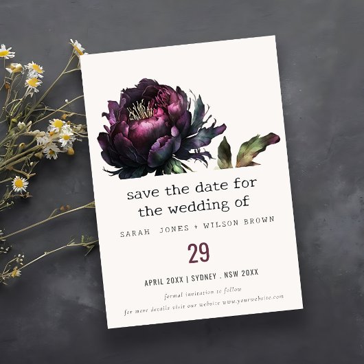 Save The Date Moody Gothic violet foncé Mariage de pivoine noire
