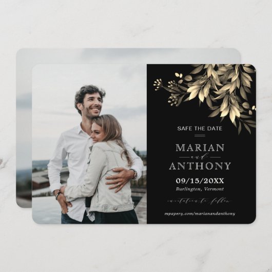 Save The Date Moody Greenery Eucalyptus Noir & Beige (Devant / Derrière)