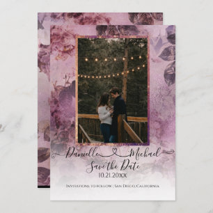 Save The Date Moody Moderne Floral Purple Script Coeur Photo