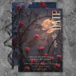 Save The Date Moody Noir Gothique Moon & Red Roses Mariage