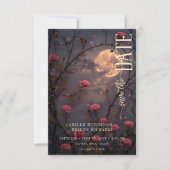 Save The Date Moody Noir Gothique Moon & Red Roses Mariage (Devant)