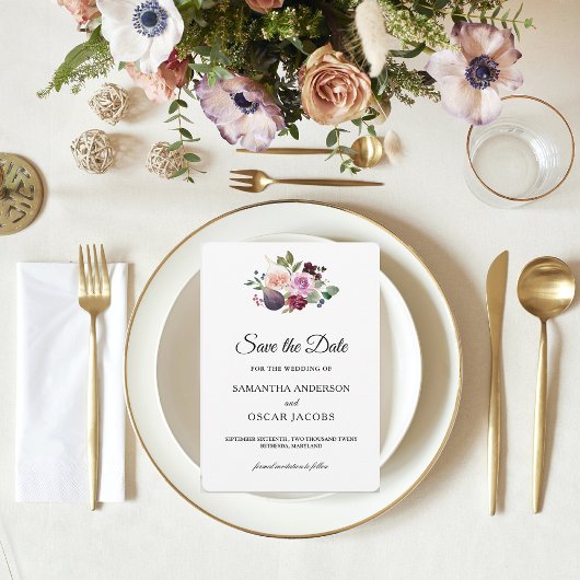 Save The Date Moody & Rustic Bourgogne Watercolor Flowers & Berr