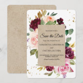 Save The Date Moody & Rustic Burgundy Kraft Cadre Floral & Or (Devant / Derrière)