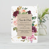 Save The Date Moody & Rustic Burgundy Kraft Cadre Floral & Or (Debout devant)