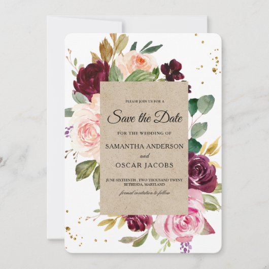 Save The Date Moody & Rustic Burgundy Kraft Cadre Floral & Or (Devant)