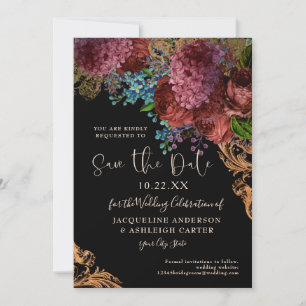 Save The Date Moody Vintage Bourgogne Floral Gold Black Photo