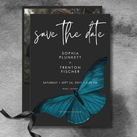 Save The Date Mosaïque foncée Minimal Turquoise Moth Photo Maria