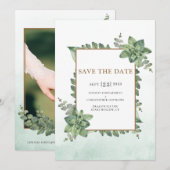 Save The Date Moss Green Gold Aquarelle Mariage de trame Succule (Devant / Derrière)