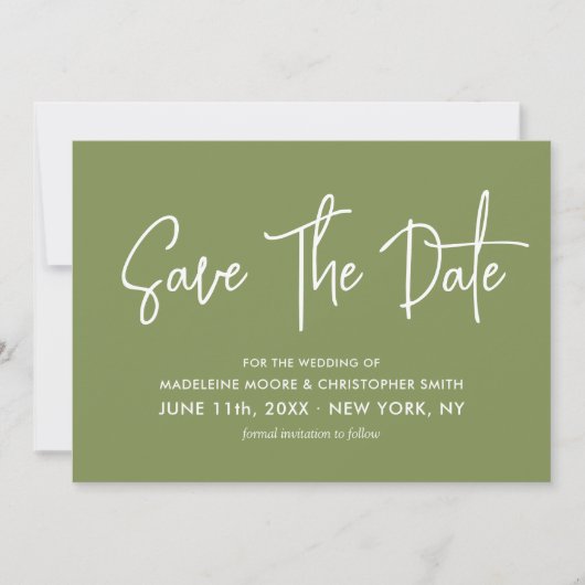Save The Date Moss Green Moderne Calligraphie Scannable QR Code (Devant)