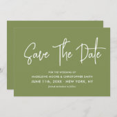 Save The Date Moss Green Moderne Calligraphie Scannable QR Code (Devant / Derrière)