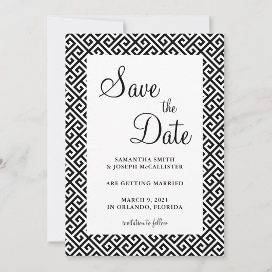 Save The Date Motif de clé grecque diagonale noire et blanche (Devant)