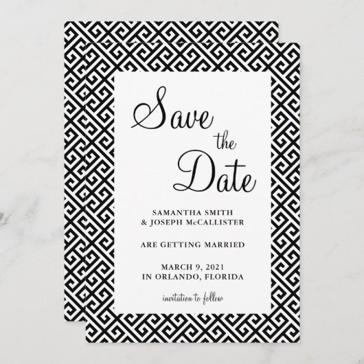 Save The Date Motif de clé grecque diagonale noire et blanche (Devant / Derrière)