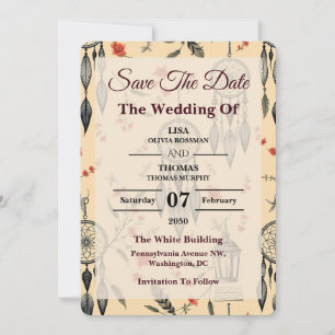 Save The Date Motif de mariage fleur sauvage plume bohème éthéré