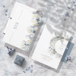 Save The Date Motif Floral doux Dusty Blue Gold ID1045