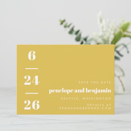 Save The Date Motif rétro Gras Typographie Mariage jaune (Debout devant)