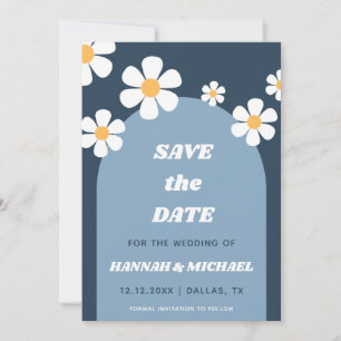 Save The Date Motif super Retro Dusty Blue Boho Arch & Daisy