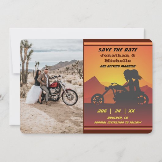 Save The Date Moto Couple Mountain Sunset Mariage photo (Devant)