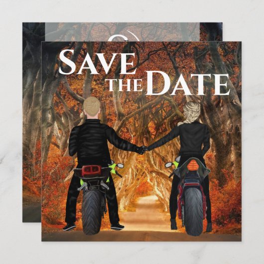 Save The Date Motos à équitation couple Mariage forestier d'auto (Devant / Derrière)