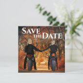 Save The Date Motos à équitation couple Mariage forestier d'auto (Debout devant)