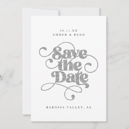Save The Date Mots de script élégant argenté faux paillettes (Devant)