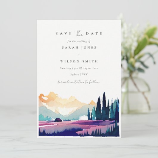 Save The Date Mountain Country Lilac Fields Pine Trees Paysage (Debout devant)