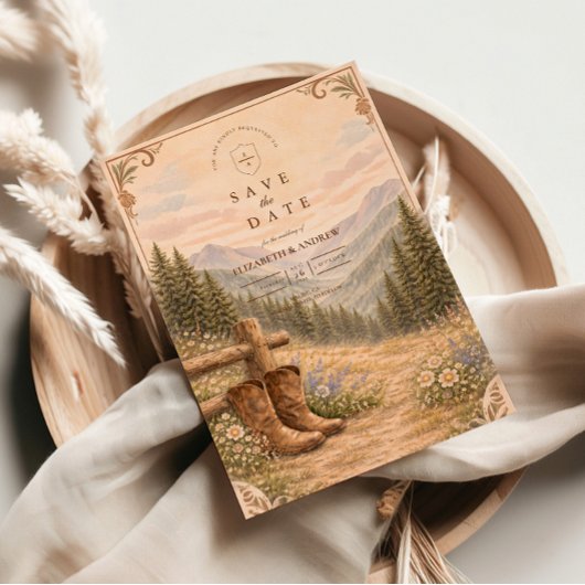 Save The Date Mountain Forest Cowboy Boots Wedding