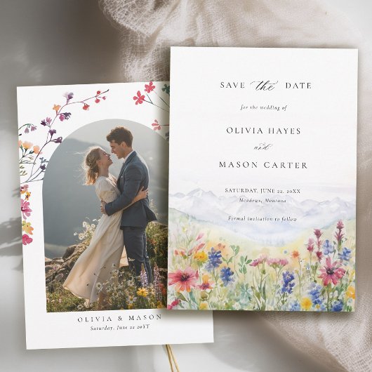 Save The Date Mountains Scene Rustic Meadow Wildflowers Wedding