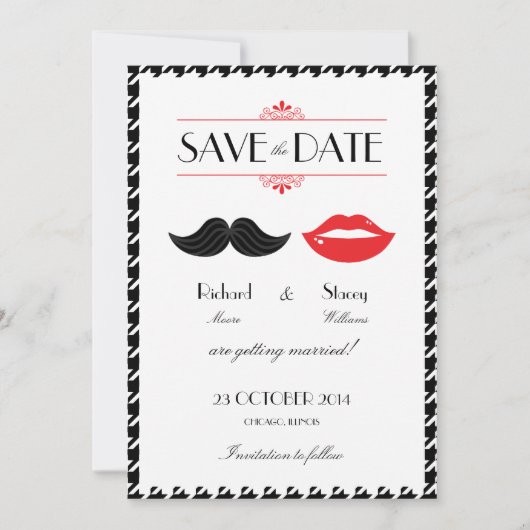 Save The Date Moustache rouge, noir et blanc & lèvres Houndstoot (Devant)