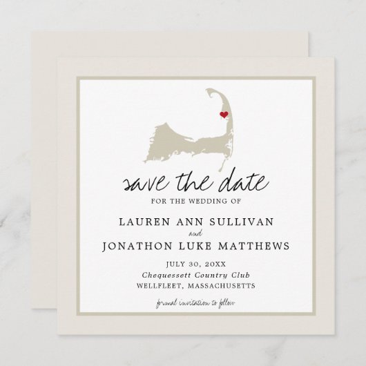 Save The Date Movable Red Heart Wellfleet Cape Cod Map Mariage (Devant / Derrière)