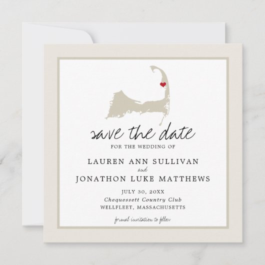 Save The Date Movable Red Heart Wellfleet Cape Cod Map Mariage (Devant)