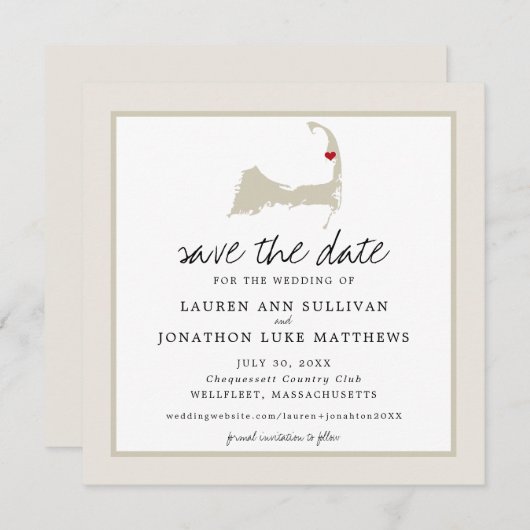 Save The Date Movable Red Heart Wellfleet Cape Cod Map Mariage (Devant / Derrière)