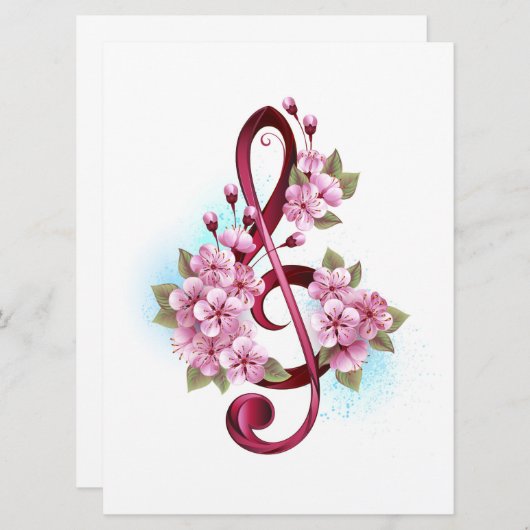 Save The Date Musical treble clef notes with sakura flowers (Devant / Derrière)