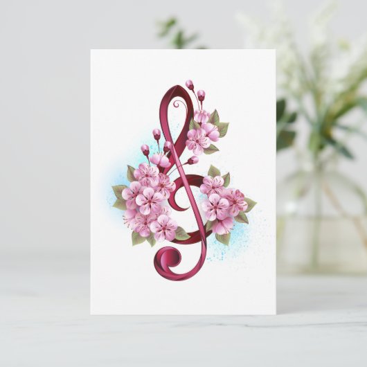 Save The Date Musical treble clef notes with sakura flowers (Debout devant)