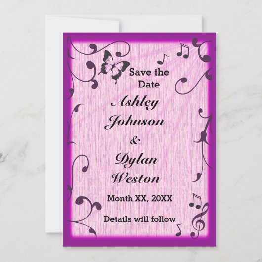 Save The Date Musique Feuille papillon rose violet Mariage bois (Devant)