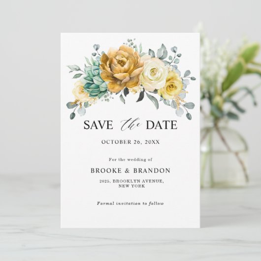 Save The Date Mustard Jaune Floral Sage Vert Mariage moderne (Debout devant)