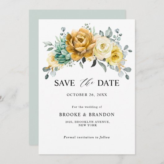 Save The Date Mustard Jaune Floral Sage Vert Mariage moderne (Devant / Derrière)