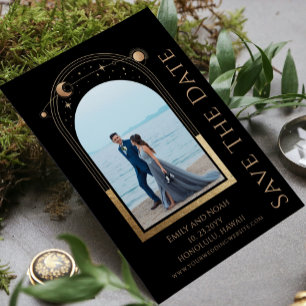 Save The Date Mystic Chic Black Gold Sun Moon Star Space