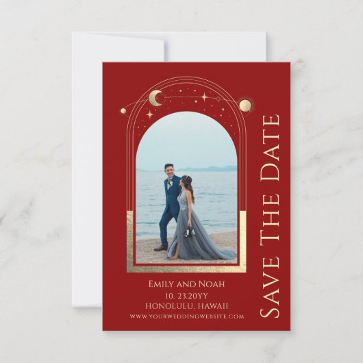 Save The Date Mystique Rouge foncé Or Soleil Lune Étoiles Célest (Devant)