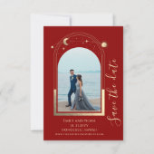 Save The Date Mystique Rouge foncé Or Soleil Lune Étoiles Célest (Devant)