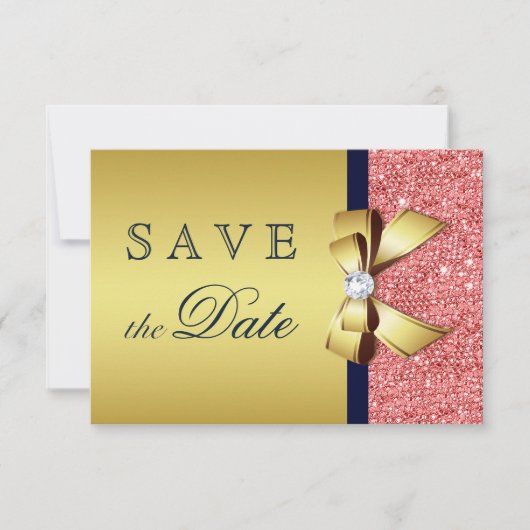 Save The Date Nacre dorée Corail Sequins Diamants Nœud Enregistr (Devant)