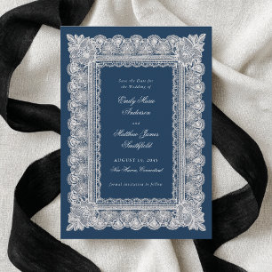 Save The Date Nappe en dentelle bleu foncé de style vintage pour